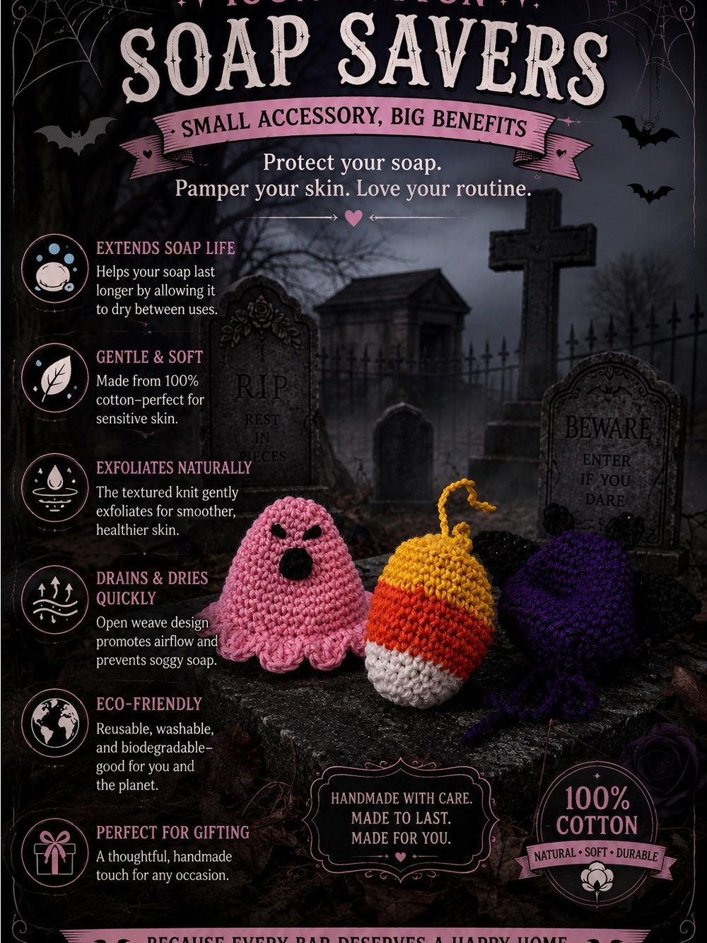 100% Cotton Crochet Soap Saver Halloween Eco-Friendly Exfoliating Soap Pouch - Picture 5 of 5